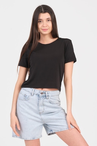 As Collection Siyah Bisiklet Yaka Kısa Kol Sandy Kadın Crop 001