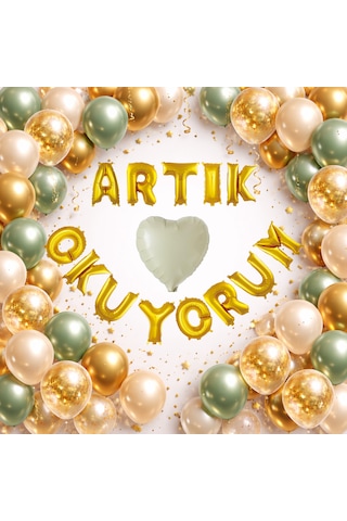 Artık Okuyorum Folyo Harf Balon Küf Yeşili Gold Konfetili Okuma Bayramı Temalı Süsleme Çok Renkli
