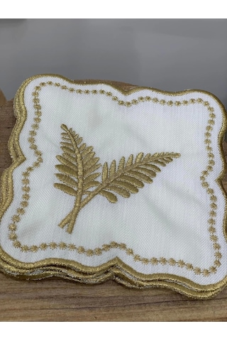 Nivemeshome Yaprak Nakışlı Gold Kare 6 Adet Keten Kokteyl Peçetesi Kahve Yanı Sunumluk Gold