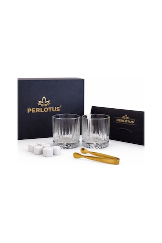 Perlotus Premium Antalya Seri Viski Bardak Seti 2 Li Kristal Kadeh Soğutma Taşı Maşalı Mıknatıslı Hediye Kutulu Sertifikalı Erkek Hediye Seti Beyaz
