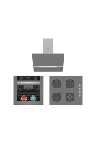 Simfer 10 Fonksiyon Airfry Gri 3'lü Ankastre Set (8217 Fırın + 3538 Ocak + 8740 Davlumbaz)