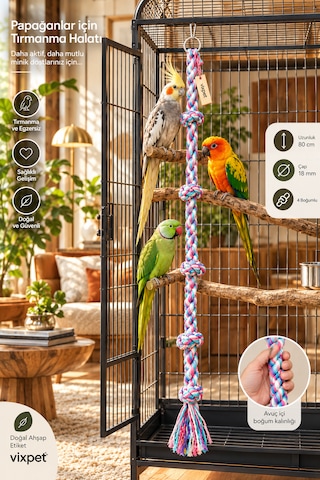 Vixpet Papağan Tırmanma Halatı Çok Renkli 80 Cm Çap 18 Mm L Kafes Oyuncağı Stres Ipi Pamuk Halat Sultan, Konur, Monk, Lori, Forpus