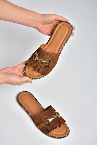 Fox Shoes Y291873002 Taba Hakiki Deri Süet Kadın Terlik