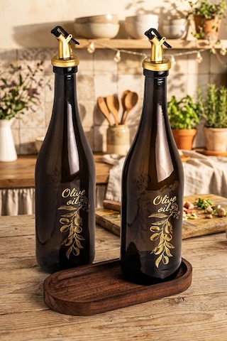 Snippy Poura - Ahşap Standlı 2'li Yağdanlık Zeytinyağı Sıvı Yağ Sirke Şişesi Yağdanlık Seti 750 ml