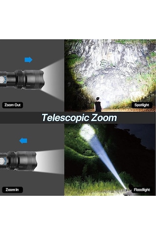 Soulader Güçlü Ve Şık 100000 Lümen Usb Şarjlı Led El Feneri - Dayanıklı Ve Parlak Aydınlatma Siyah