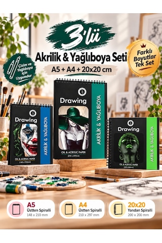 3 Lü Akrilik Ve Yağlı Boya Defter Seti A5 A4 20x20 Cm, Akrilik Ve Yağlı Boya Uyumlu