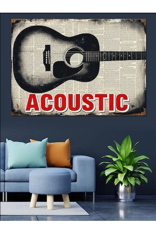 Akustik Gitar Müzik Yazısı Dekoratif Kanvas - Mdf Ahşap Tablo
