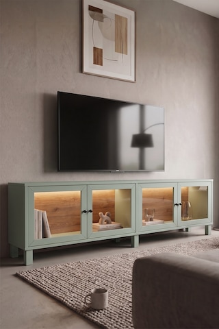 Robin Home Prime Temperli Cam Kapaklı Neon Led Işıklı Tv Ünitesi Tv Sehpası Vitrin Ahşap Ayaklı Sepet-ıhlamur Yeşili Yeşil