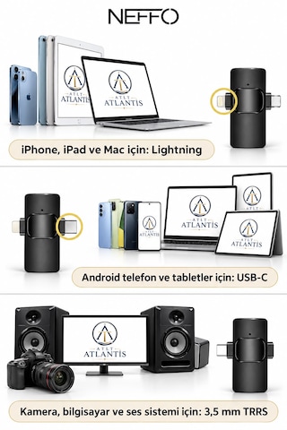 F15-2 Kablosuz Çift Yaka Mikrofonu Kablosuz Bağlantı Kıskaçlı Canlı Yayın Röportaj Vlog 20 Metre Menzil Net Ses Yğksek Hassasiyet Type-c Ve Lightning Uyumlu 48 Saat Pil Ömrü