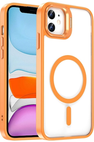 Apple Uyumlu iPhone 11 Kılıf M-safe Şarj Özellikli Standlı Zore M-safe Klon Lensli Kapak Turuncu