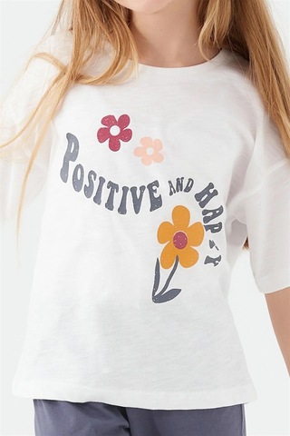 Kız Çocuk Kısa Kollu Çiçekli Pijama Takım-12636 Beyaz