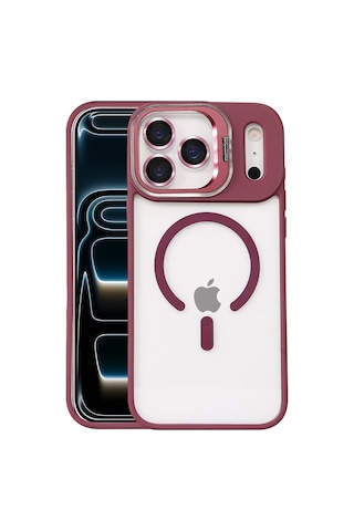 Joko - 750 - Apple Uyumlu iPhone 17 Pro Max Remim Lensli Magsafe Standlı Kapak - Csmo-tex - - Bordo