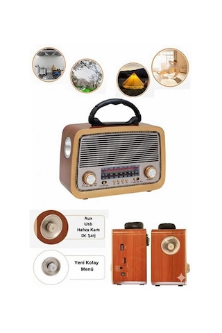 Nostaljik Radyo 301 Led Işıklı Bluetooth Sd Kart Giriş Sarjlı El Fenerli Eskitme Nostaljik Radyo -