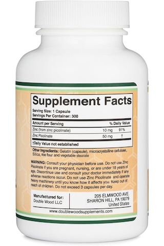 Double Wood Zinc Picolinate Çinko Immune Support 50mg 300 Caps Aromasız