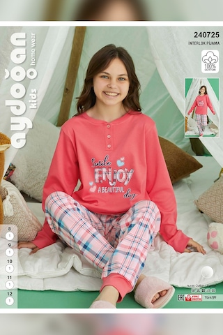 Aydoğan Kız Garson Koza İnterlok Mercan Ekose Pijama Takım 0725 Mercan