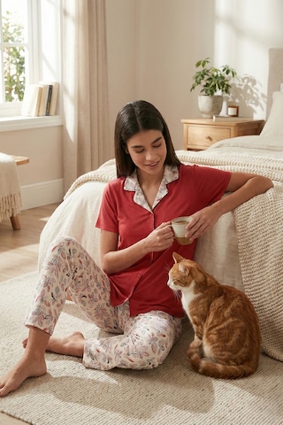 Lela Regular Fit Gömlek Yaka Kısa Kollu Bayan Pijama Takımı 65730101 Kırmızı