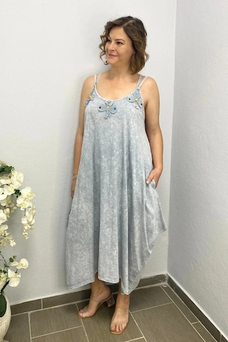 Mia Butik Büyük Beden Gri Pamuklu Şalvar Kesim Çiçekli Elbise Gri