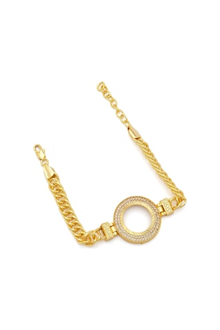 Altın Kaplama İmitasyon 2 Sıra Zirkon Taşlı Zincirli Çeyrek Çerçeve Bileklik Blk-1163 Altın