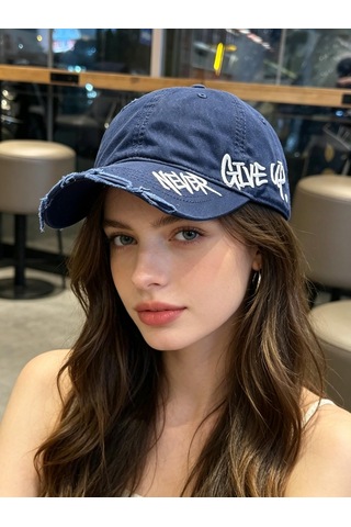 Valkyrie Unisex Lacivert Never Give Up Nakışlı Baseball Şapka Ayarlanabilir Vintage Streetwear Spor Kep