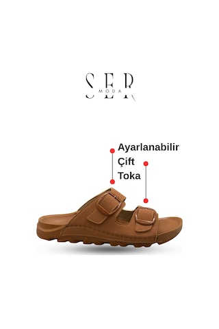 Sermoda Kadın Terlik Esnek Anatomik Tabanlı Ayarlanabilir Çift Tokalı Kadın Terlik Taba