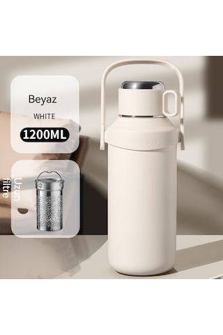 Relaxed Taşınabilir 316 Açık Hava Sporları Büyük Kapasiteli Termos Bardak, Yüksek Görünümlü Vakumlu Soğuk Tutma Kolu Su Isıtıcısı-Beyaz 1.2 L