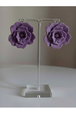 Kadın Küpe Büyük Lila Violet Gül Model - 6 Cm Minimalist Halka/çivili Gül Çiçek Küpe