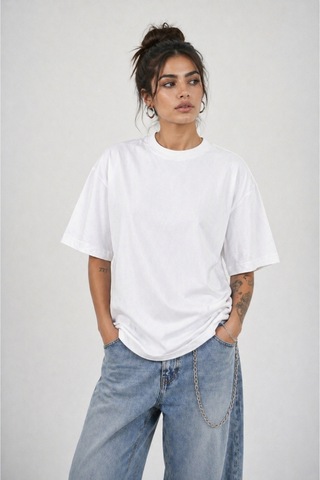 Modivibe Kadın Oversize T-shirt %100 Organik Pamuklu Kalın Dokulu Fit Yuvarlak Yakalı Beyaz