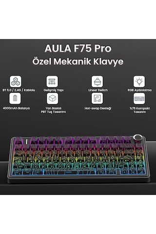 Aula F75 Mekanik Rgb Tkl Seiya Switch Kablosuz Makrolu Hot Swap Klavye Desenli Siyah