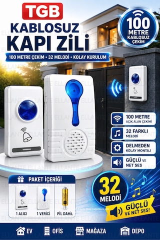 Kablosuz Kapı Zili 100 Metre Çekim Mesafeli 32 Melodili Priz Tipi Ev Ofis İşyeri Kapı Zili