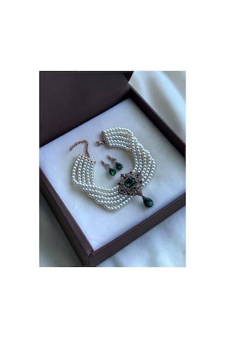 Baget Ve Su Damlası İnci Choker Kolye Ve Küpe Seti Beyaz