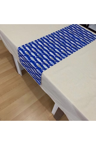 Bodrum Balık Desenli Runner, Duck Kumaş Runner, Su Ve Leke İtici Dayanıklı, Modern Tasarım 35x120 Mavi
