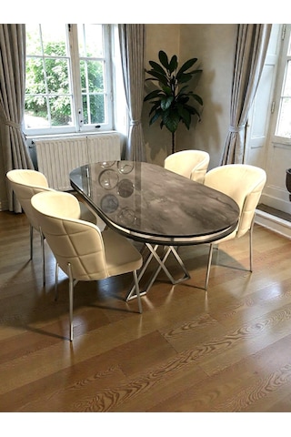 Msy Home 4 Kişilik Serya İroni Oval Masa Krom Ayak Yönsüz Kumaş Modern Ve Şık Yemek Odası Takımı 54298 Bej