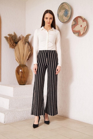 Darlin Moda Siyah Çizgili Krep Pantolon DM48325 Siyah