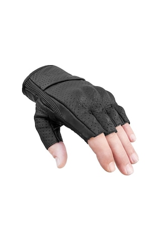 The Biker Jeans Fingerless Flx Leather Black Korumalı Motosiklet Deri Eldiveni