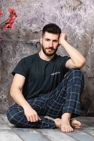 Lukitus Sıfır Yaka Desenli Kısa Kol Erkek Pijama Takımı Füme