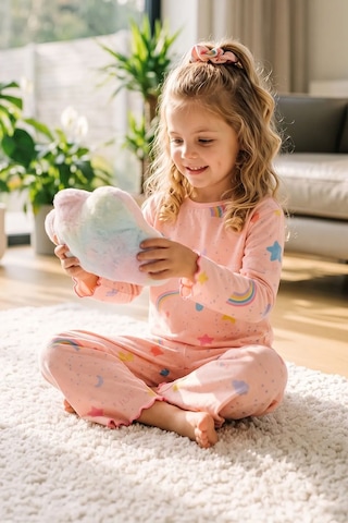 Zuzunga Kız Çocuk Gökkuşağı Desenli Beybi Overlok Somon Pijama Takımı Toka Hediyeli