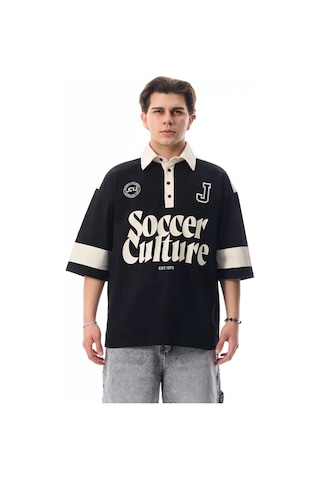 More Black Soccer Culture Baskılı Polo Yaka Premium Oversize Tshirt Kemik
