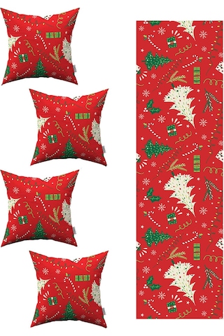Kırmızı Yılbaşı Temalı 4'lü Kırlent Kılıfı 1 Runner Seti 4kmbs220-rs
