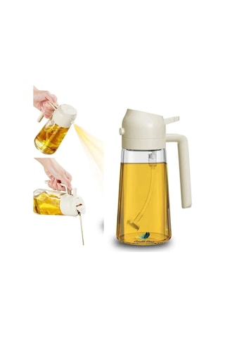 2 Adet Çift Fonksiyonlu Cam Yağdanlık 550ml Zeytinyağı Sıvıyağ Şişe Sprey Airfryer Yağlık Sirkelik - Krem