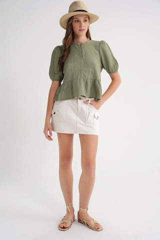 4713 Kadın Beli Büzgülü Kolu Lastikli Bol Müslin Bluz Çağla Çağla