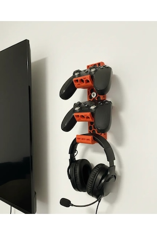 3d Baskı Petek Desenli Duvar Tipi İki Oyun Kolu Ve Kulaklık Askısı Turuncu Gaming Odası Düzenleyici