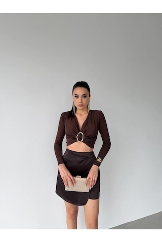 Elaxi Kadın Dalgıç Kumaş Tokalı Vatkalı Crop Bluz Kahverengi