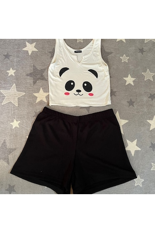 River Island River İsland Panda Desenli Ekstra Dar Kalıp Kadın Pijama Takımı Beyaz - Siyah