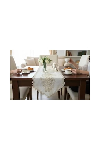 Masa Üzerine Runner, Masa Runneri Altın Simli İşlemeli Detaylı Simella 50 X 140 Cm Çok Renkli