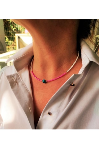 GOLD KAPLAMA ASORTİ DOĞALTAŞ PEMBE BONCUK KOLYE-KOL123 Bakır