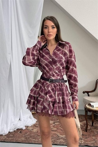 Neşeli Butik Kadın Bordo Gömlek Yaka Kat Kat Ekose Desen Mini Elbise Nbnp025 Bordo