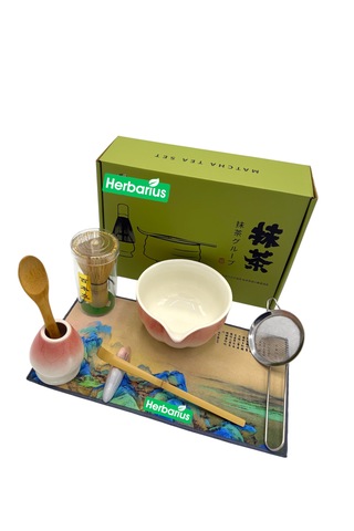 Herbarius 8 Parça Beyaz Geçişli Pudra Pembe Renk Matcha Çayı Hazırlama Seti - Geleneksel Japon Matcha Seti Pembe - Beyaz