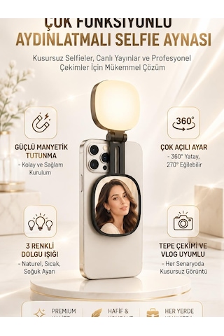 Magsafe Uyumlu Aynalı Selfie Işığı 3 Renk Modlu, Ayarlanabilir Parlaklık, Katlanabilir & Taşınabilir Telefon Işığı