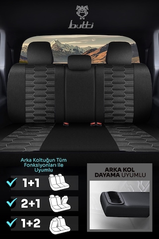 Siyah - Gri Butti Libro Serisi Keten Kumaş Premium Oto Koltuk Kılıfı Destekli, Ön Arka Tam Set