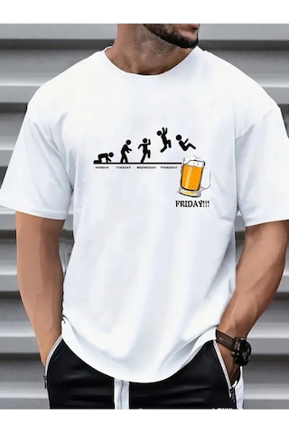 Flood Of Style Erkek Beyaz Friday Beer Baskılı Oversize